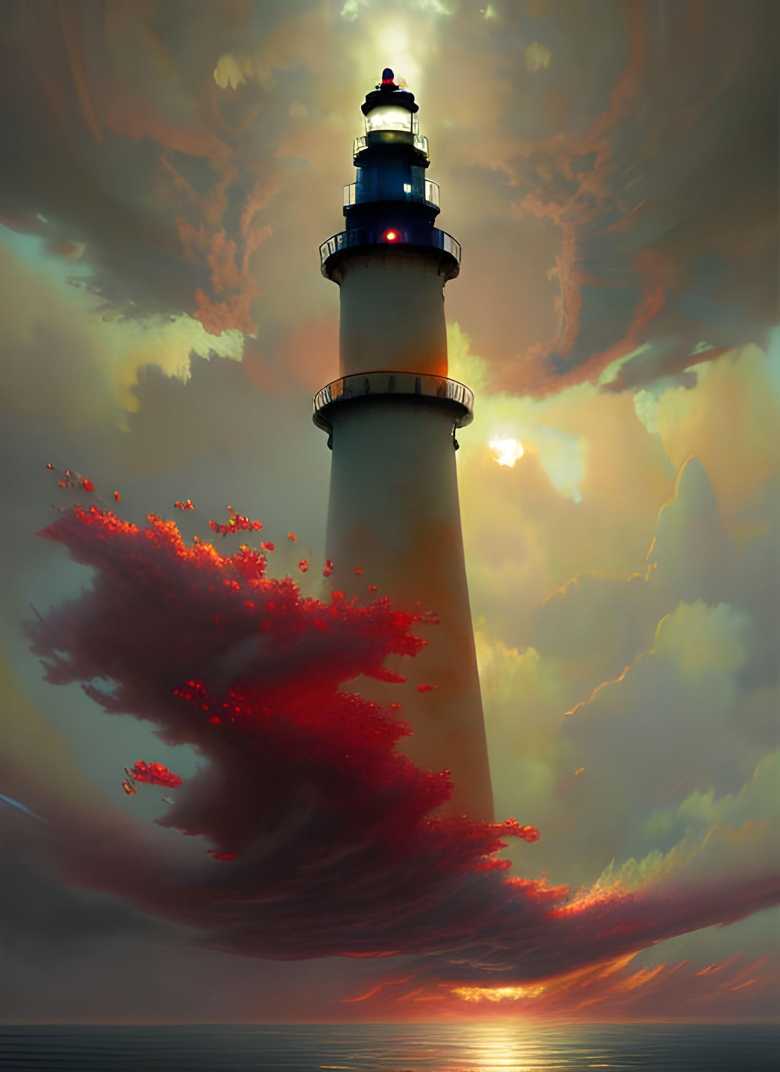 Ghostly Lighthouse at Sunset in Art Nouveau Style