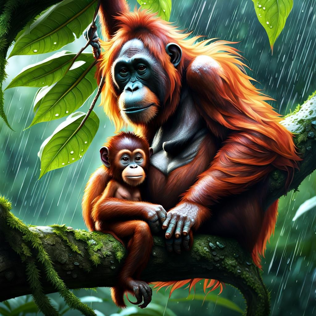 Mother and Baby Orangutan in Lush Fantasycore Artwork