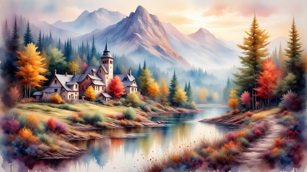 Antique Watercolor Mountain Village at Golden Hour