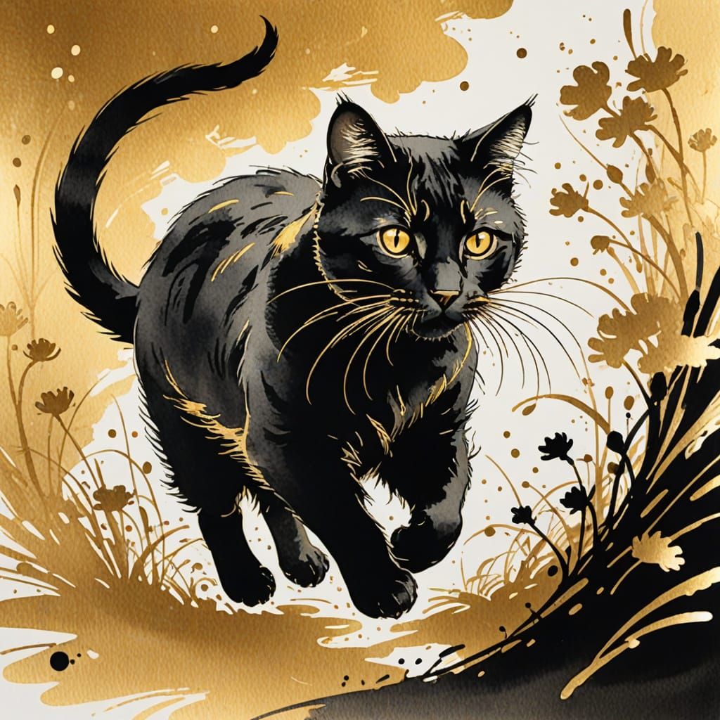Elegant Cat Chasing Mouse in Sumi-e Ink Style
