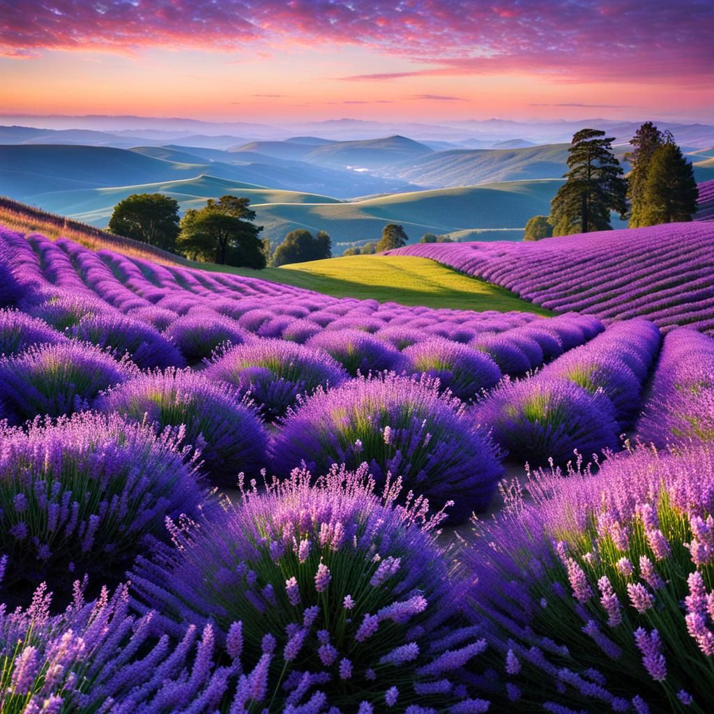 Lavender Dreamscape: Shimmering Purple Hills in Morning Ligh...