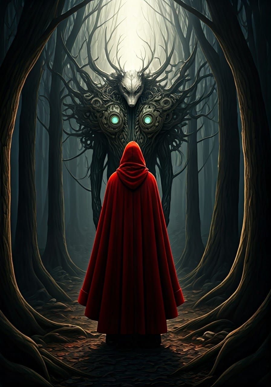 Eldritch Forest Wolf in Red Hooded Figure