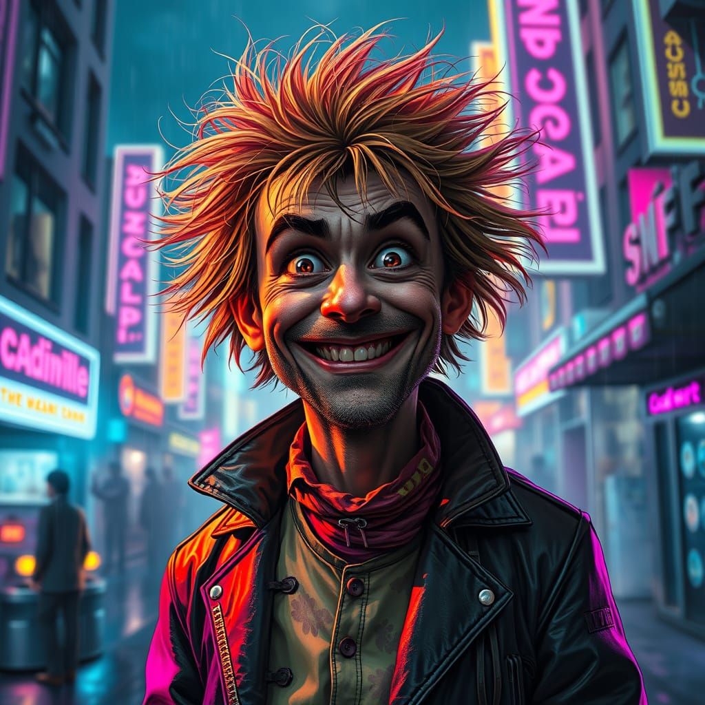 Eccentric Man in Surreal Neon Cyberpunk City