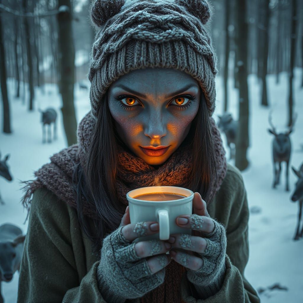 Alien Woman Enjoys Coffee in Winter Forest