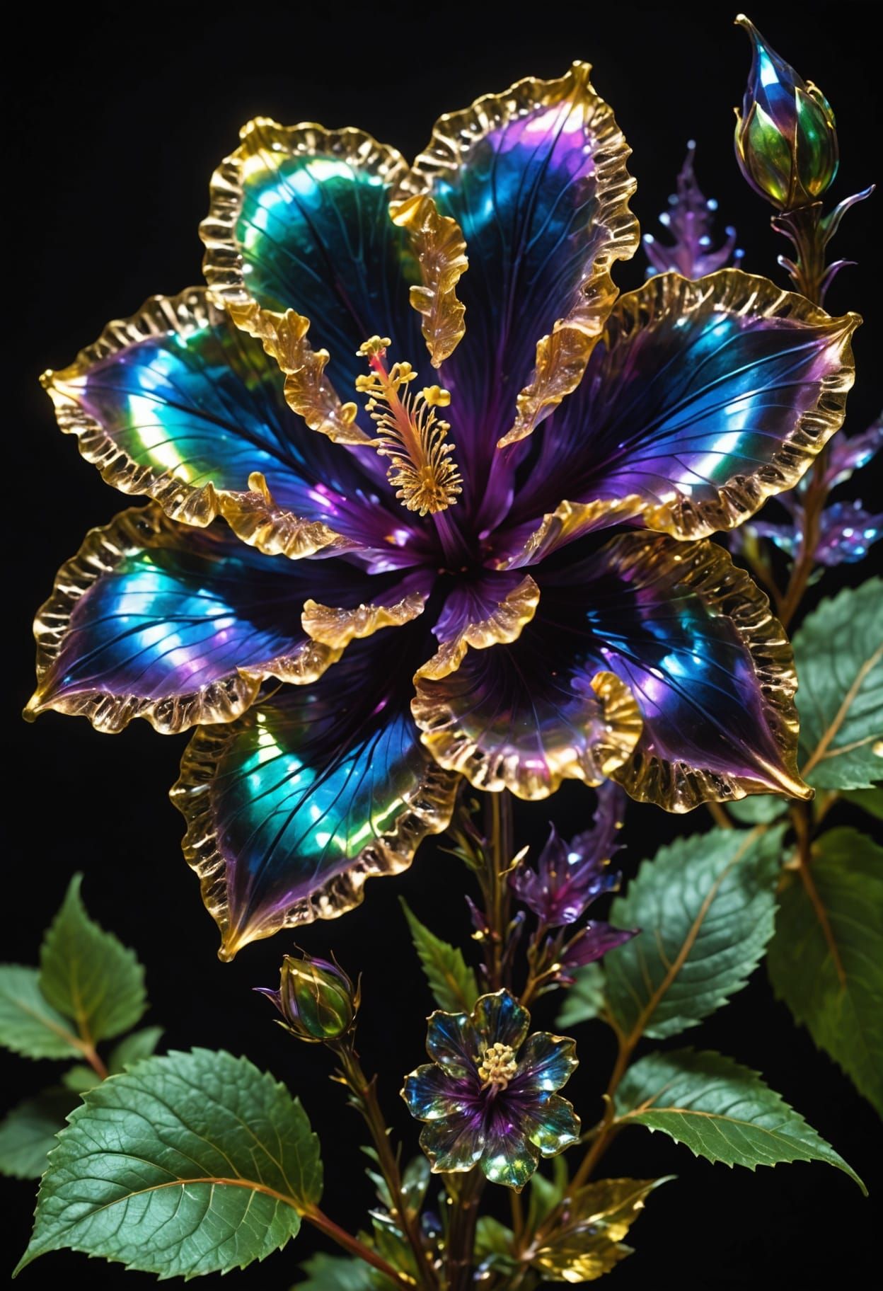 Ethereal Steampunk Crystal Hibiscus in Moonlit Forest