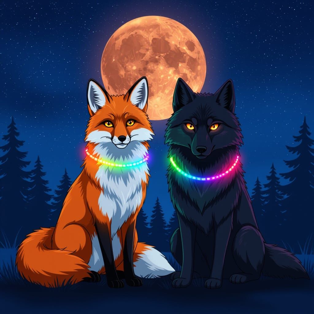 Red Fox and Black Wolf Under Blood Moon