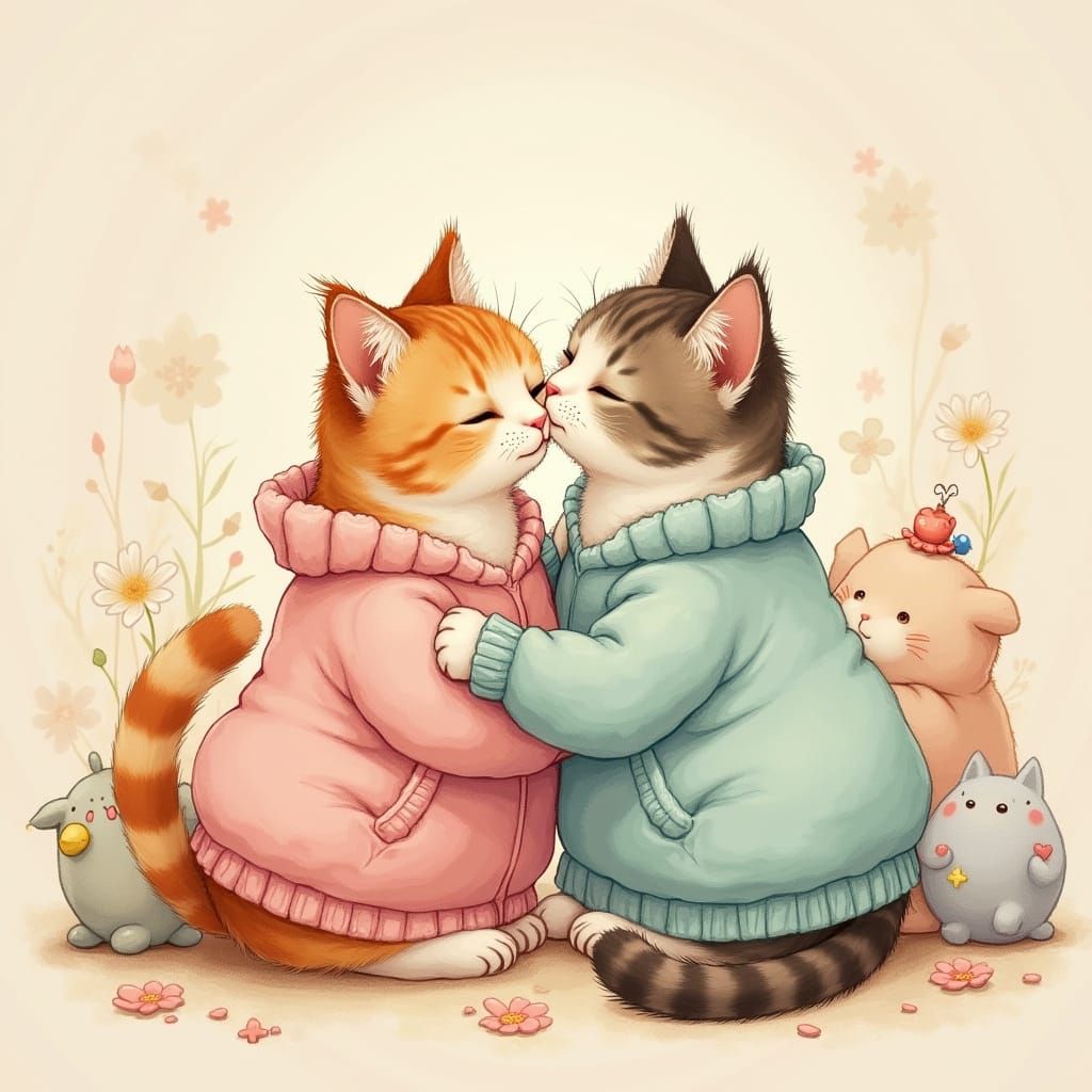 Cats Embrace in Whimsical Watercolor Style