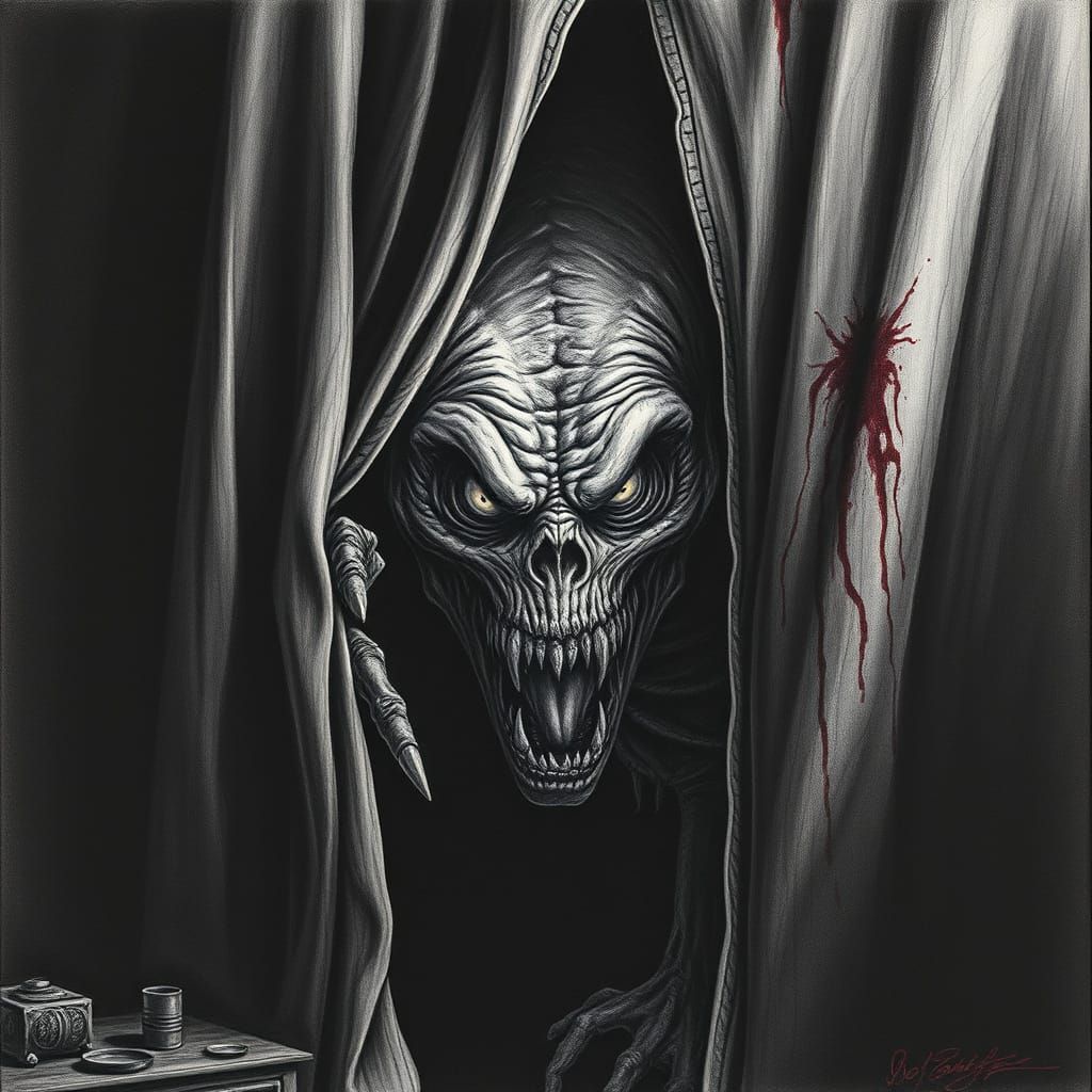 Grotesque Monster Lurking in Shadows, Pencil Drawing