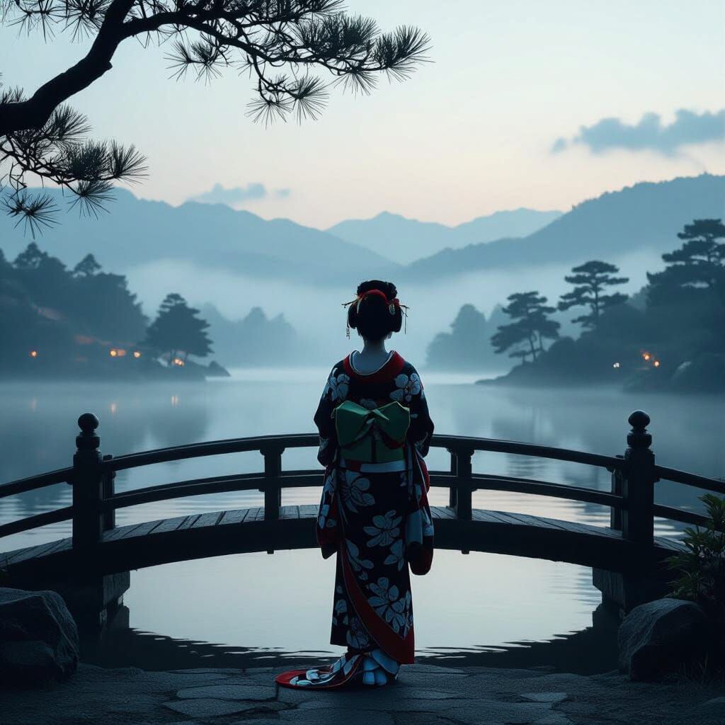 Geisha on Misty Bridge at Twilight