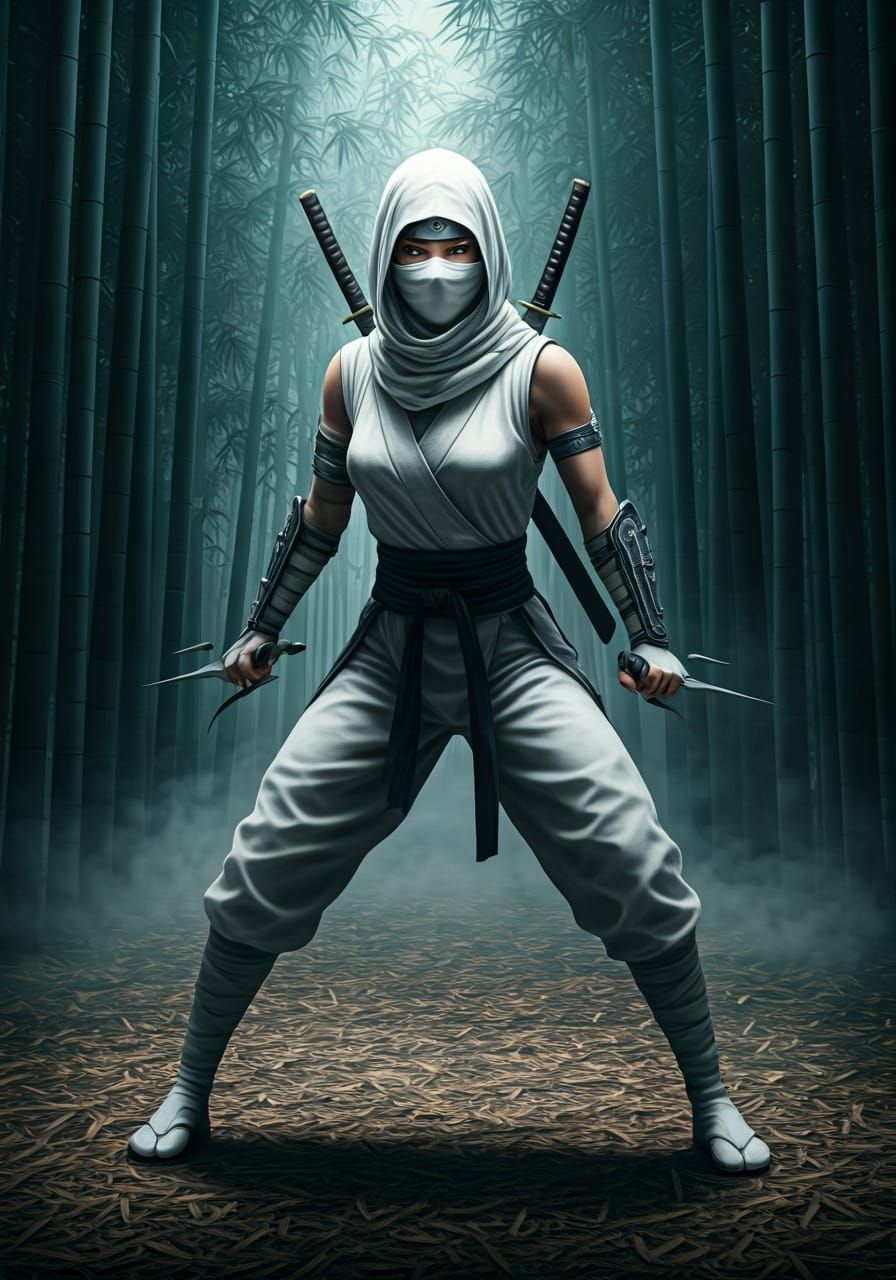 Female Ninja in White with Katanas and Sais
