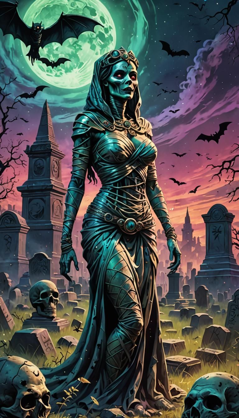 Retro Pinup Mummy in Holographic Graveyard, Mixed Media