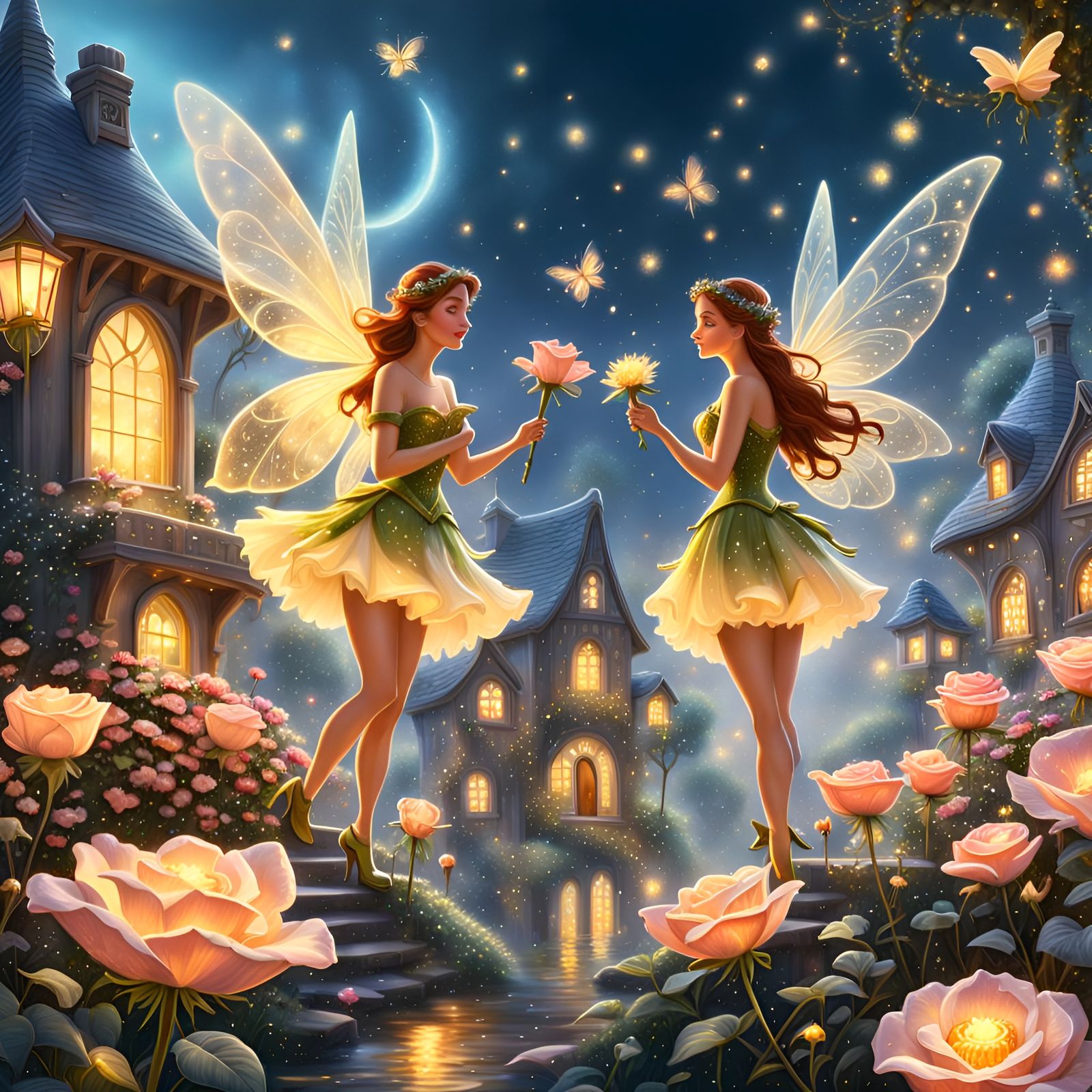 Beautifully detailed illustration a of Tiny fairies, (collecting flowers:1.3) clothes made out of rose flower petals.
a ...