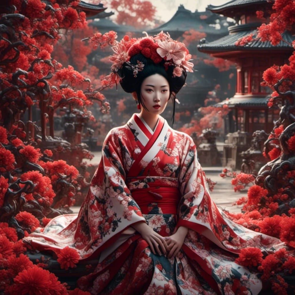 Han Period Geisha Portrait in Oriental Garden