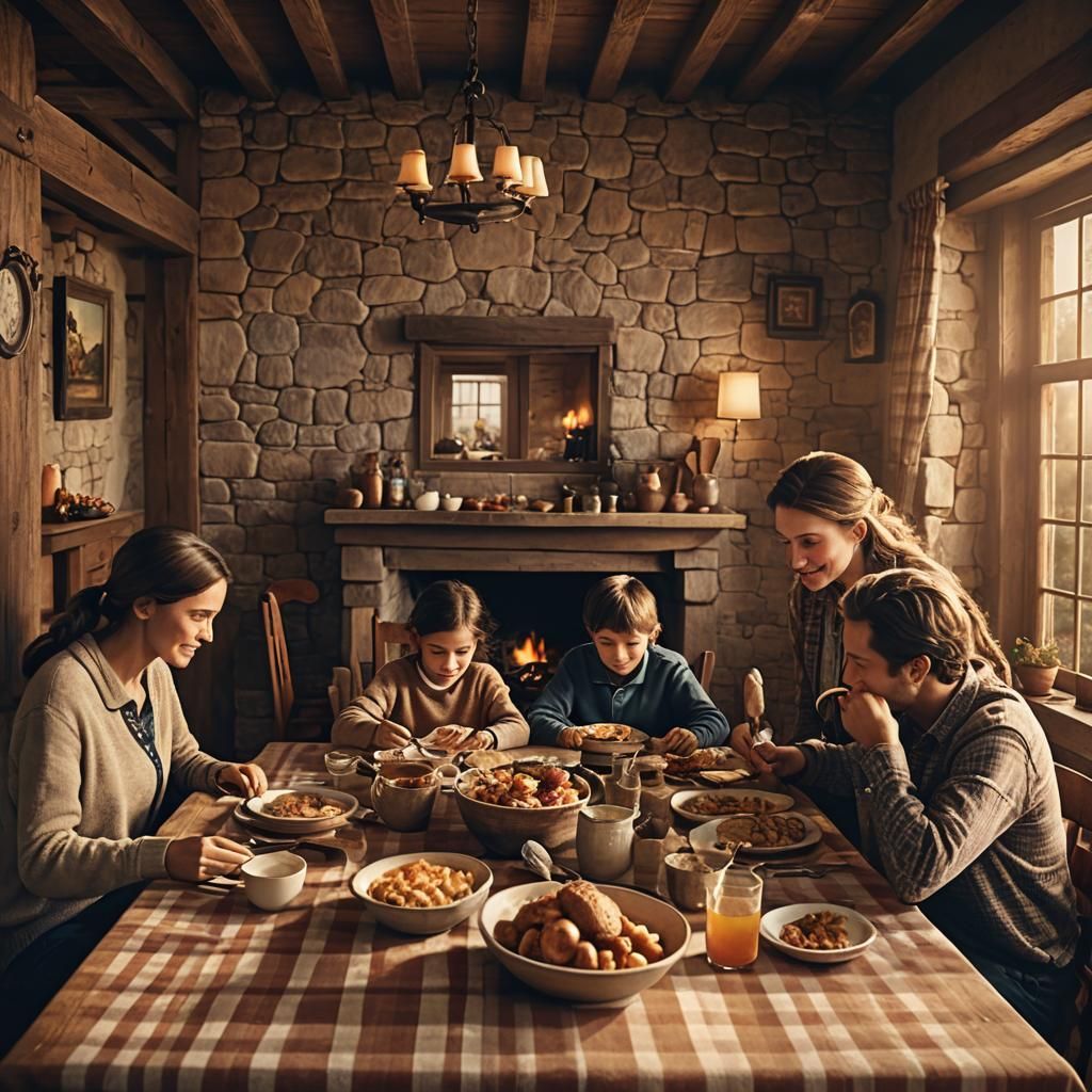 Family Meal in Rustic Room, Detailed Matte Painting