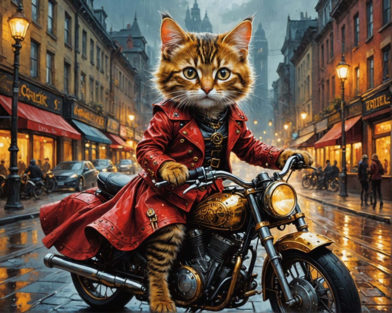 Steampunk Kitten Rides Motorcycle in Oil Painting Style