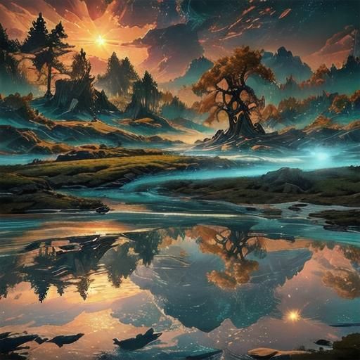Fantasy Forest Sunrise Refracting Light as Digital Matte Pai...