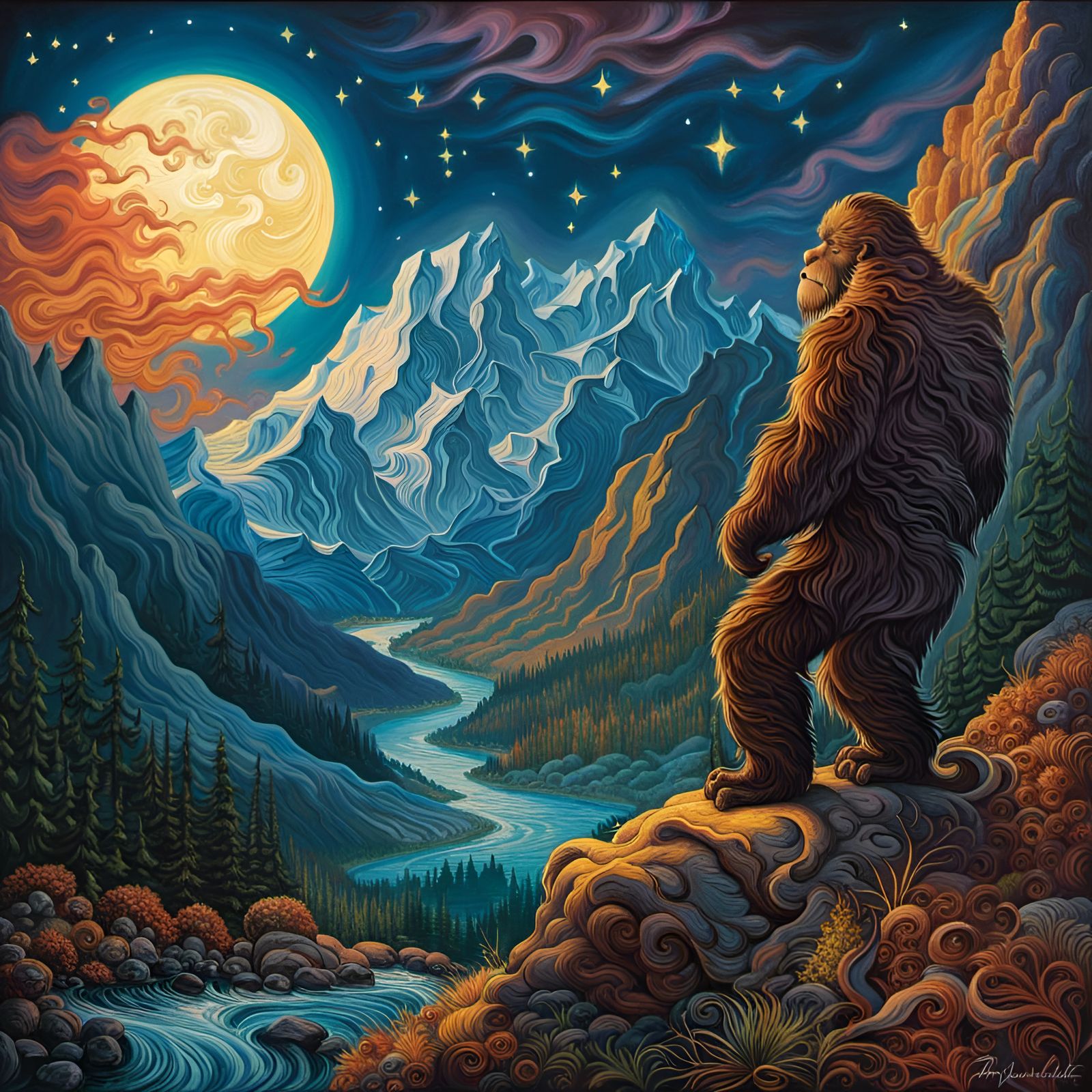 Bigfoot Under the Full Moon: A Fantasy Painting