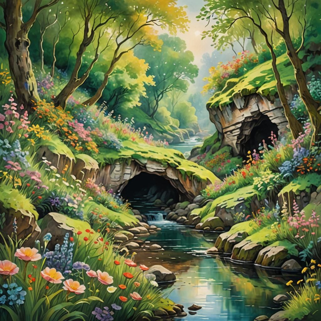 Idyllic Landscape with Silver River as Impressionist Waterco...