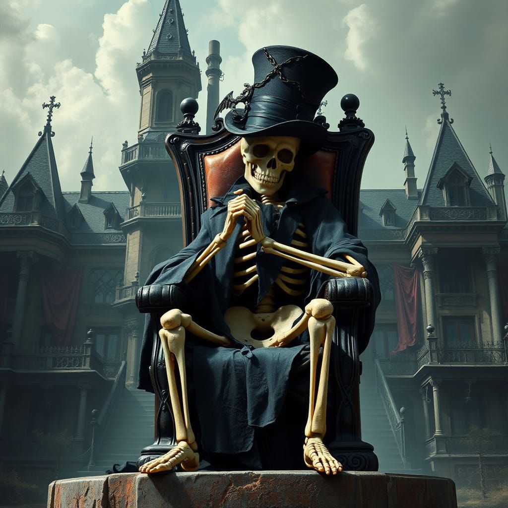 Gothic Mansion Sees a Skeletal Gentleman Sitting in a Grand...