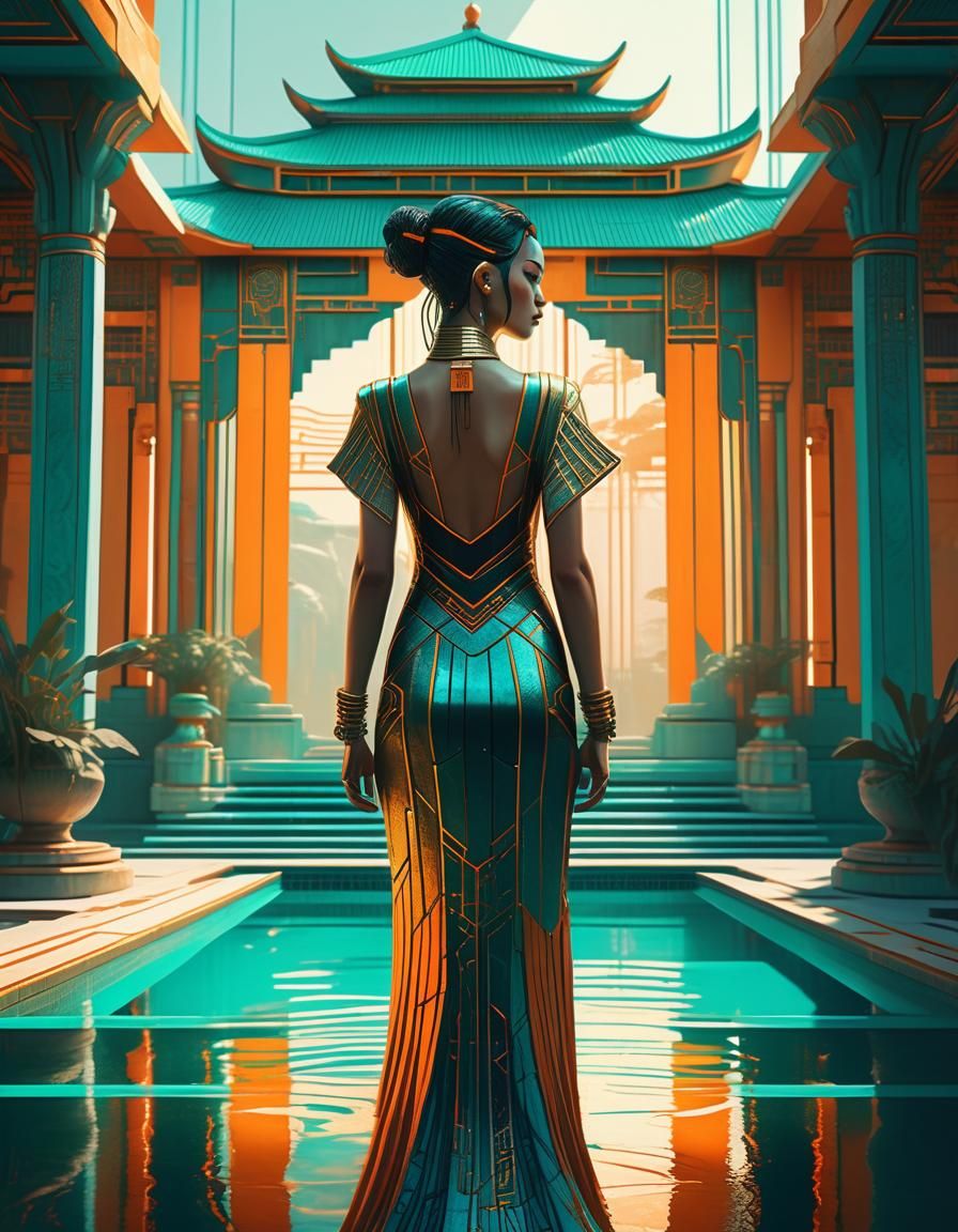 Cyberpunk Goddess at Temple Pool: Digital Art