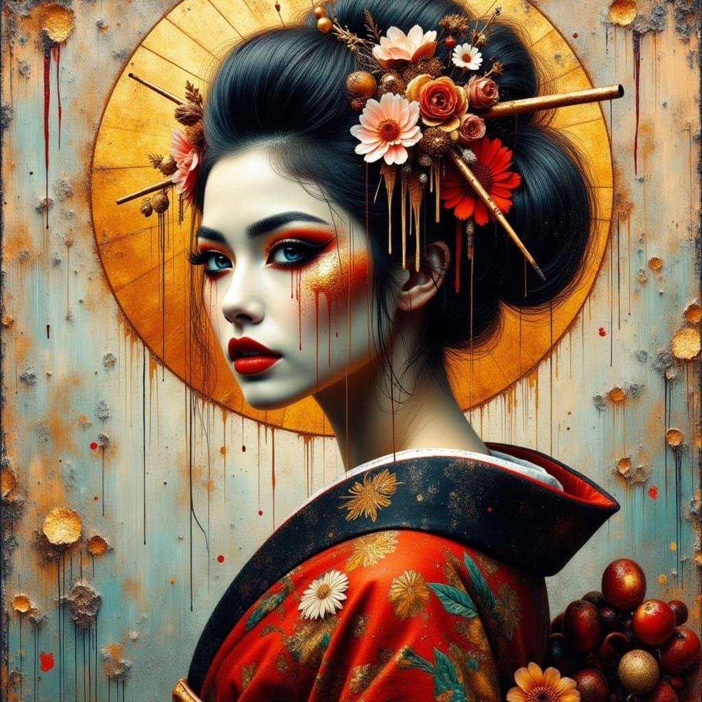 Elegant Geisha in Vintage Impasto Style