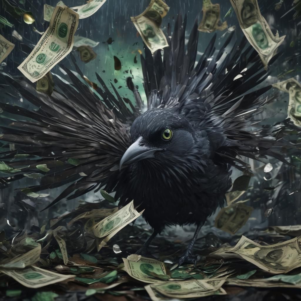 Furious Black Bird Amidst Storm and Money