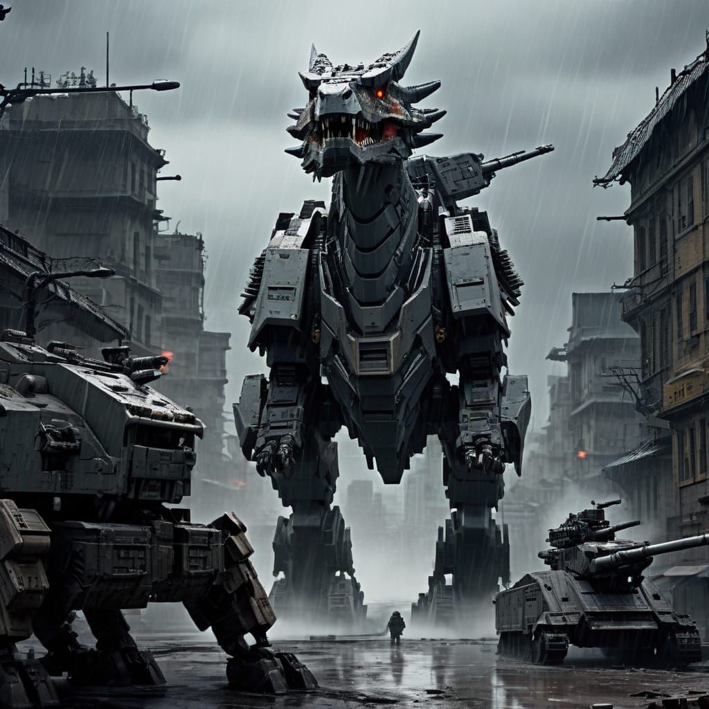 Armored Cyborg Dino in Dystopian City