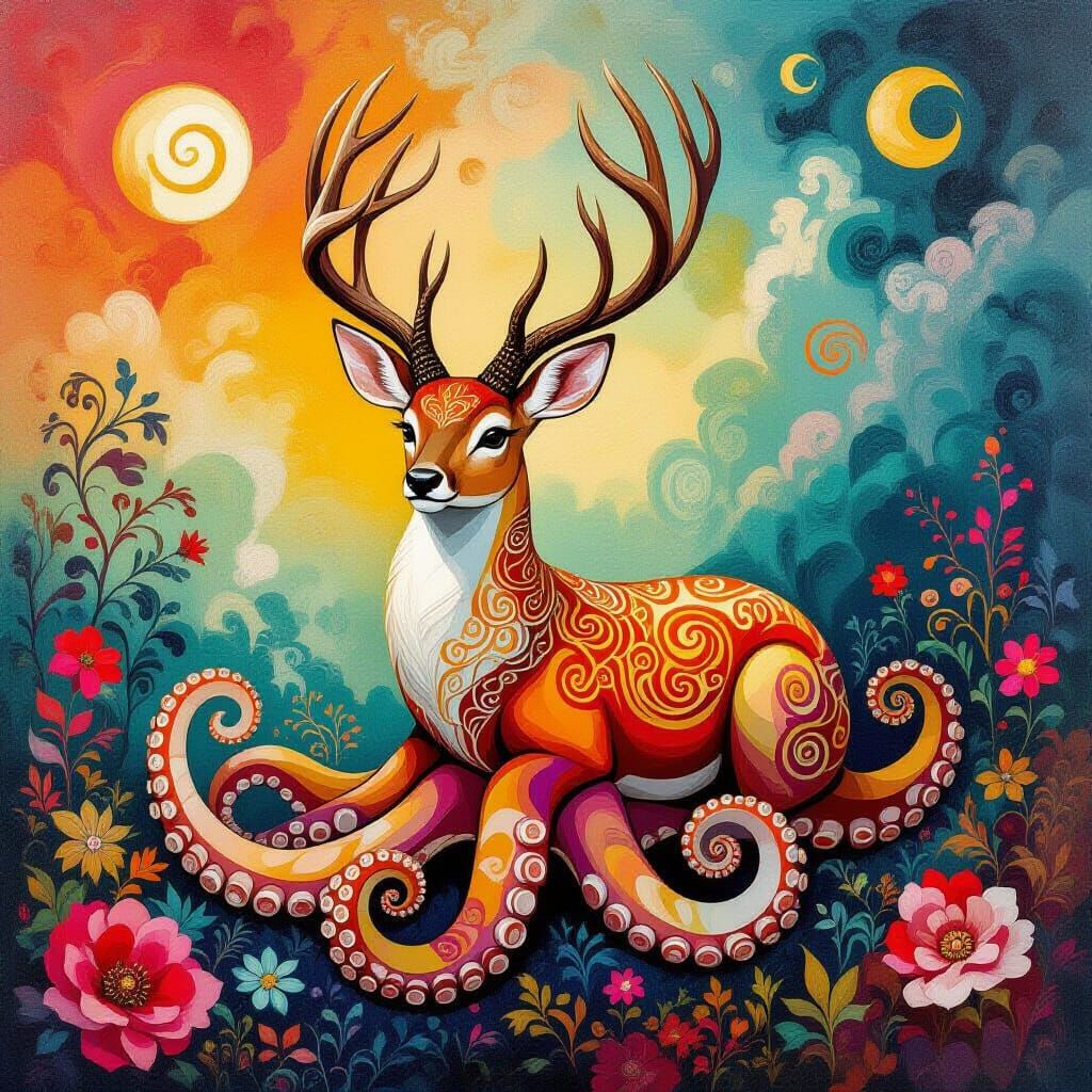 Surreal Octodeer in Dreamlike Landscape