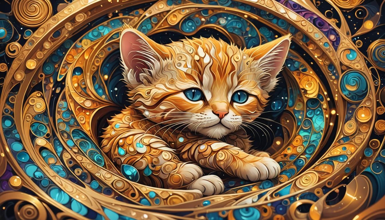 Golden Baby Cat Sleeping in Fractal Whirlpool