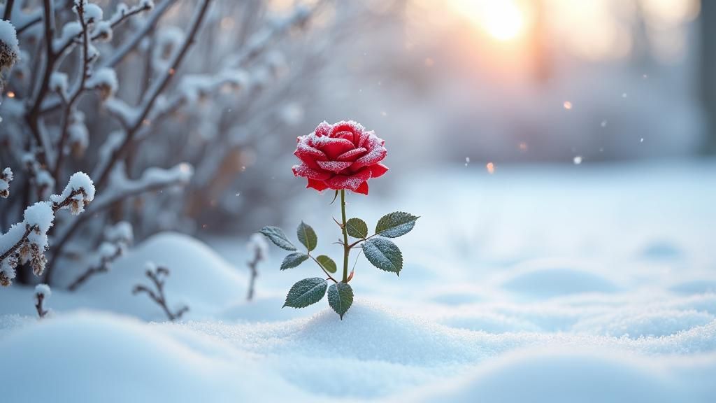 Red Rose Stands Out in Snowy Winter Landscape