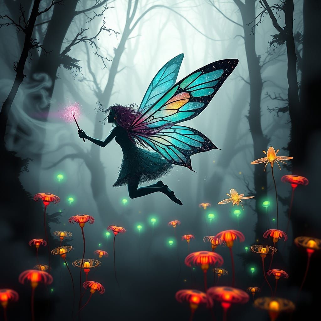 Enchanted Forest Scene in Neon Colors with a Fairy and Smoke...