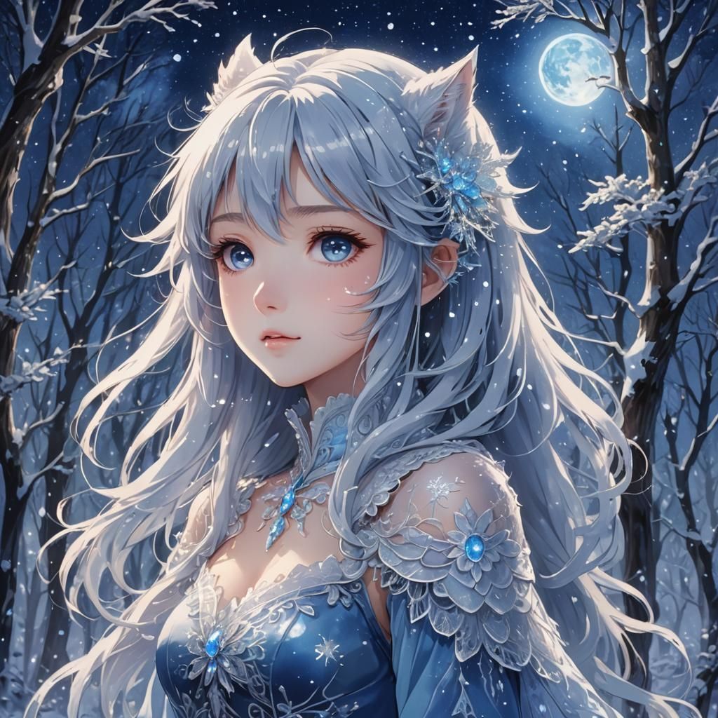 Icy Anime Creature Portrait in Winter Forest