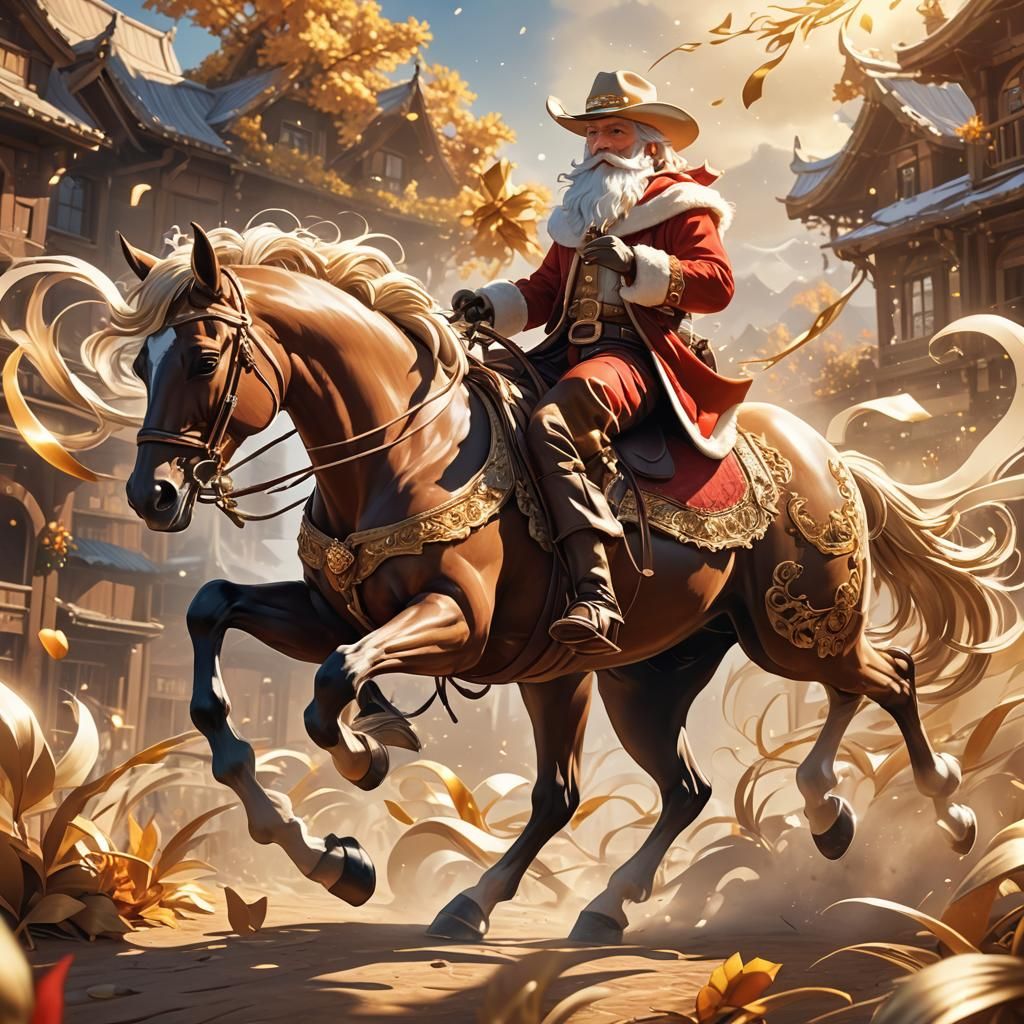 Skinny Santa Rides Horse in Anime Style