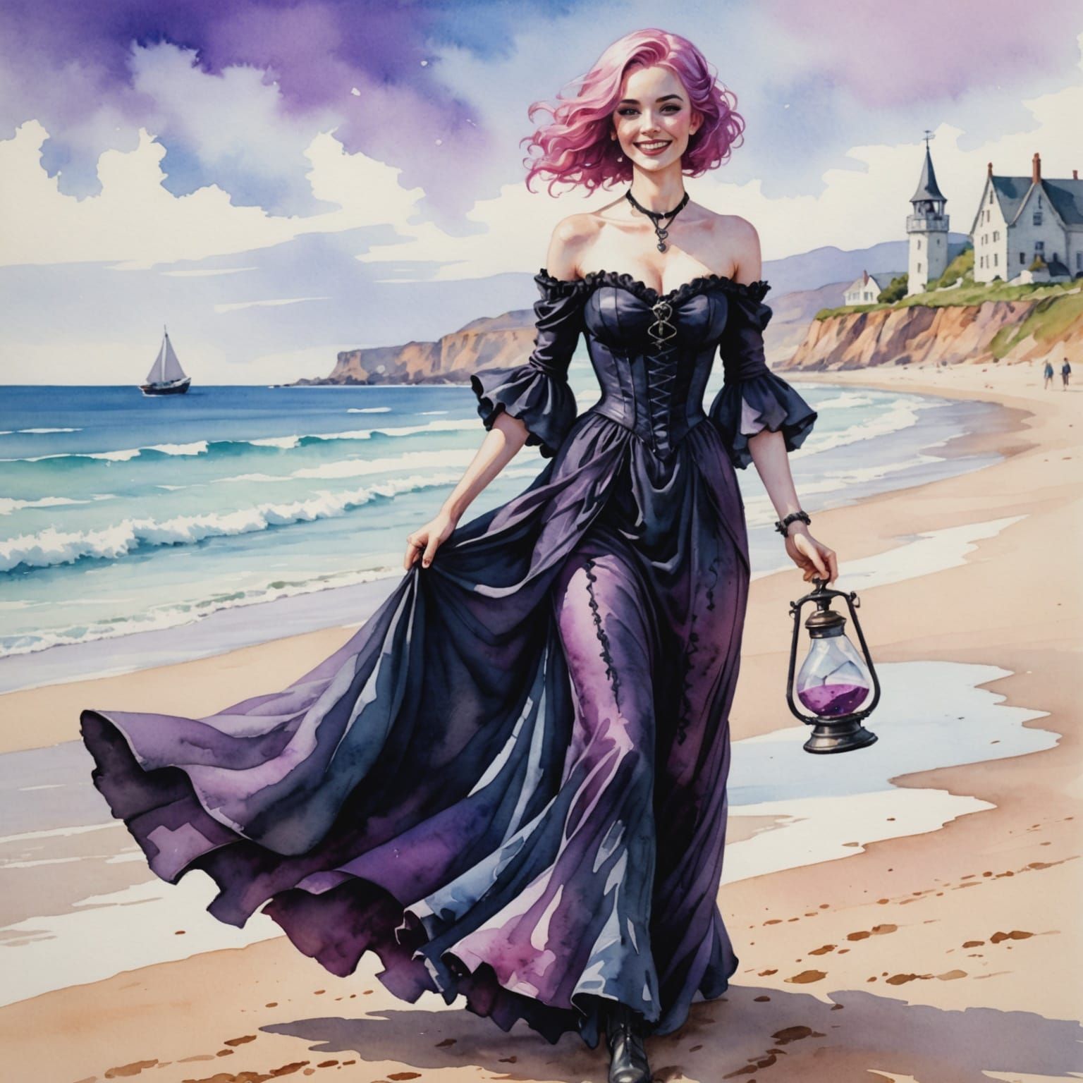 A Gothic Beauty Strolls on the Beach in Watercolor