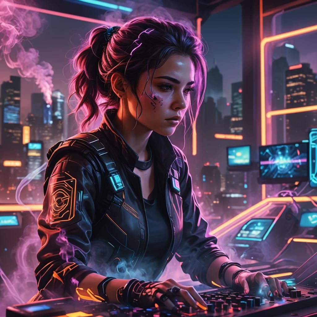 Intense Gamer in Neon-Lit Cyberpunk Scene