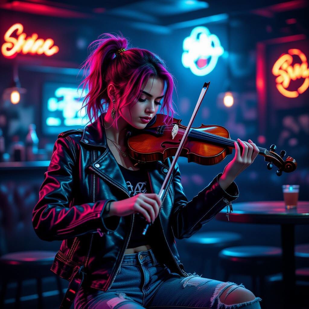 Cyberpunk Teen Violinist in Smoky Dive Bar