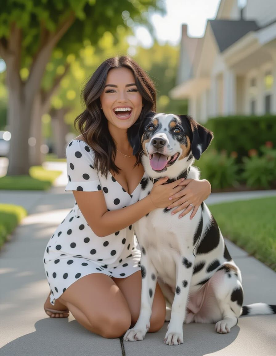 Woman Hugs Dalmatian in Suburban Neighborhood