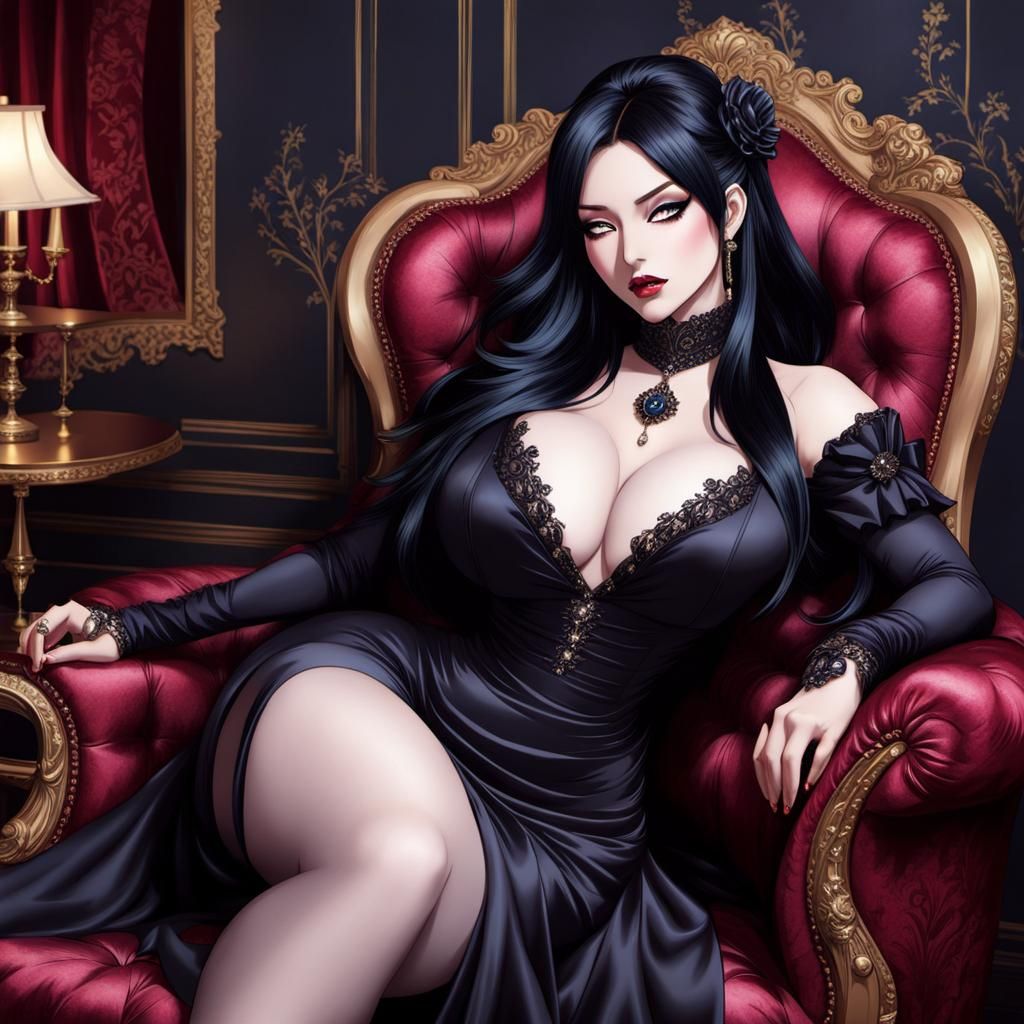 Gothic Anime Girl in Baroque Parlor Illustration