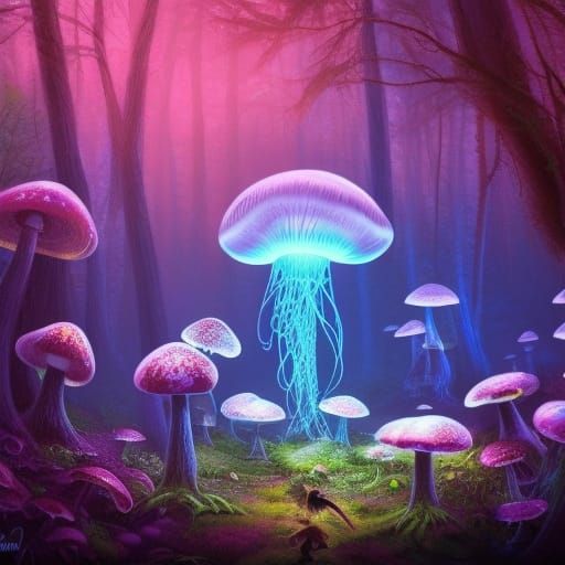 Psychedelic Glowing Mushrooms and Giant Mouse in Forest