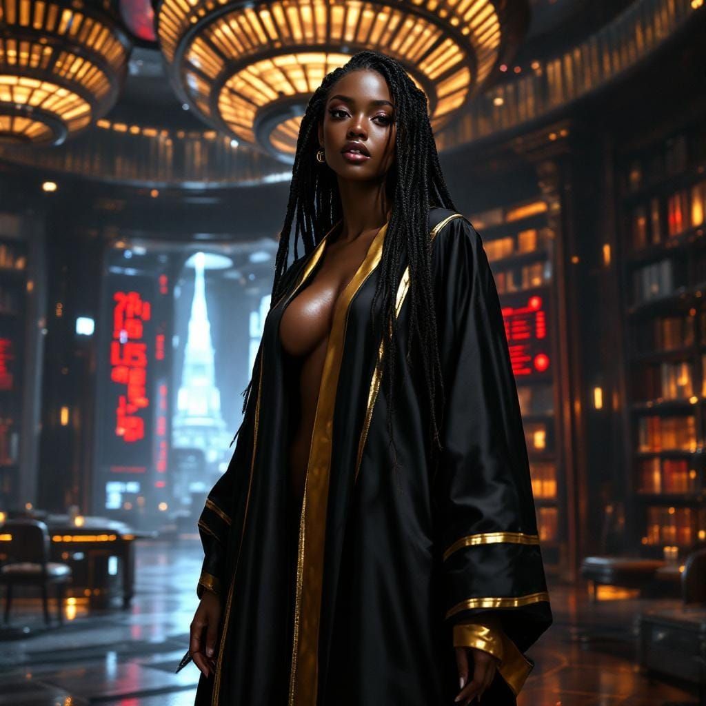 Cyberpunk Beauty in Holographic Art Deco Library