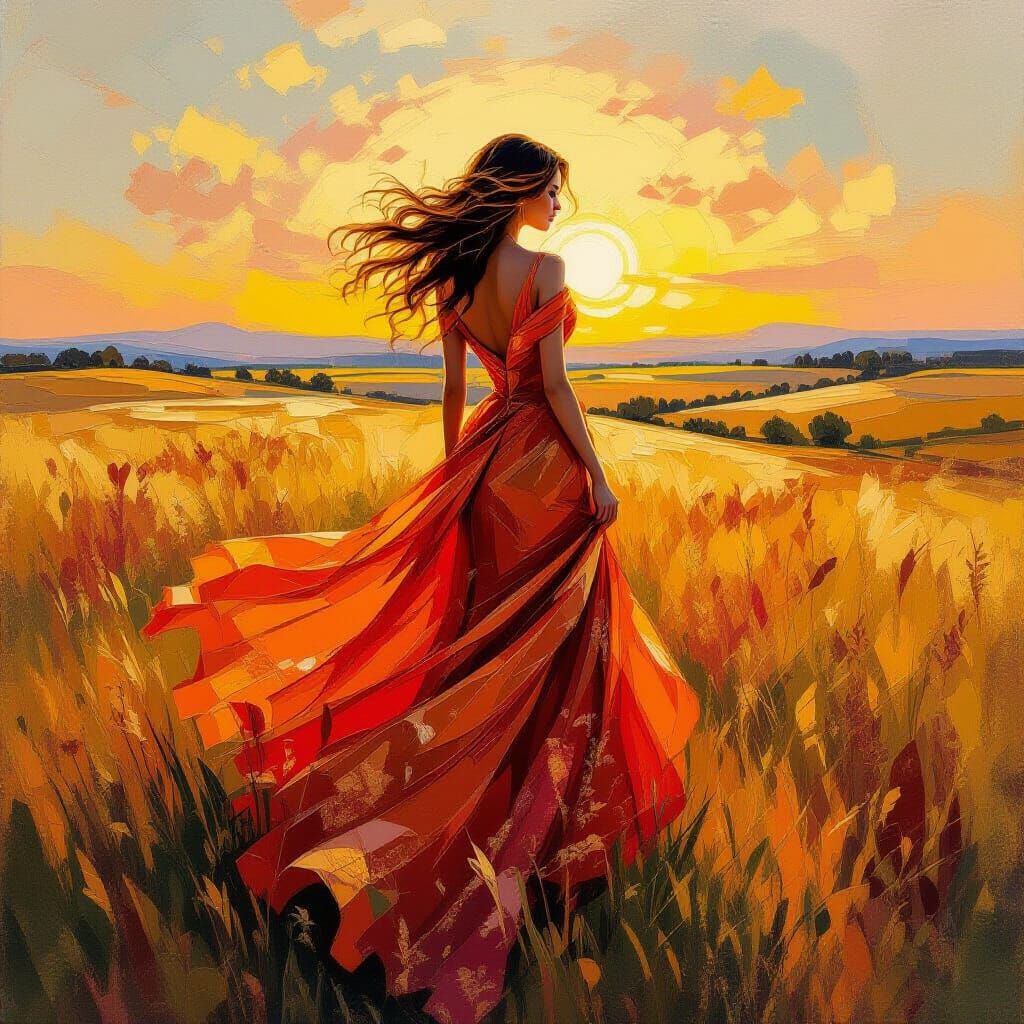 Woman in Sparkling Rust Gown on Windswept Plain
