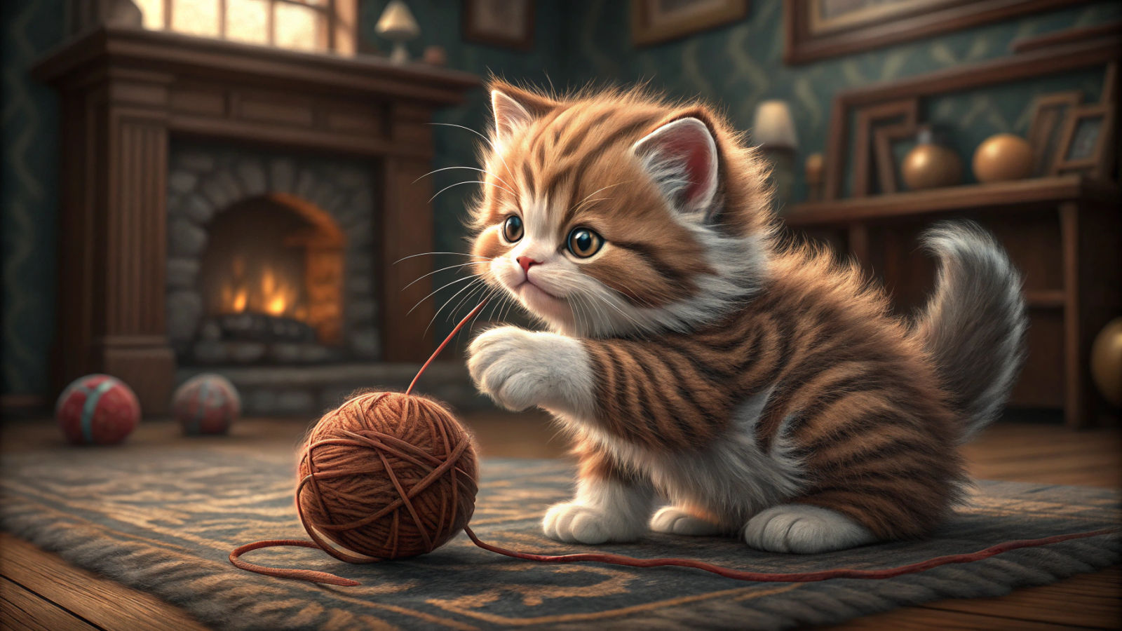 Cute Kitten Plays With Yarn, Hyperrealistic Style
