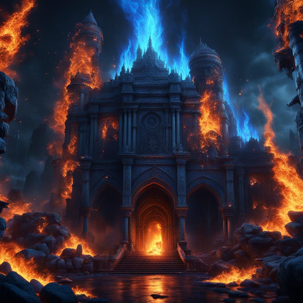 Blue Flames Engulfing Castle: Fantasy Concept Art