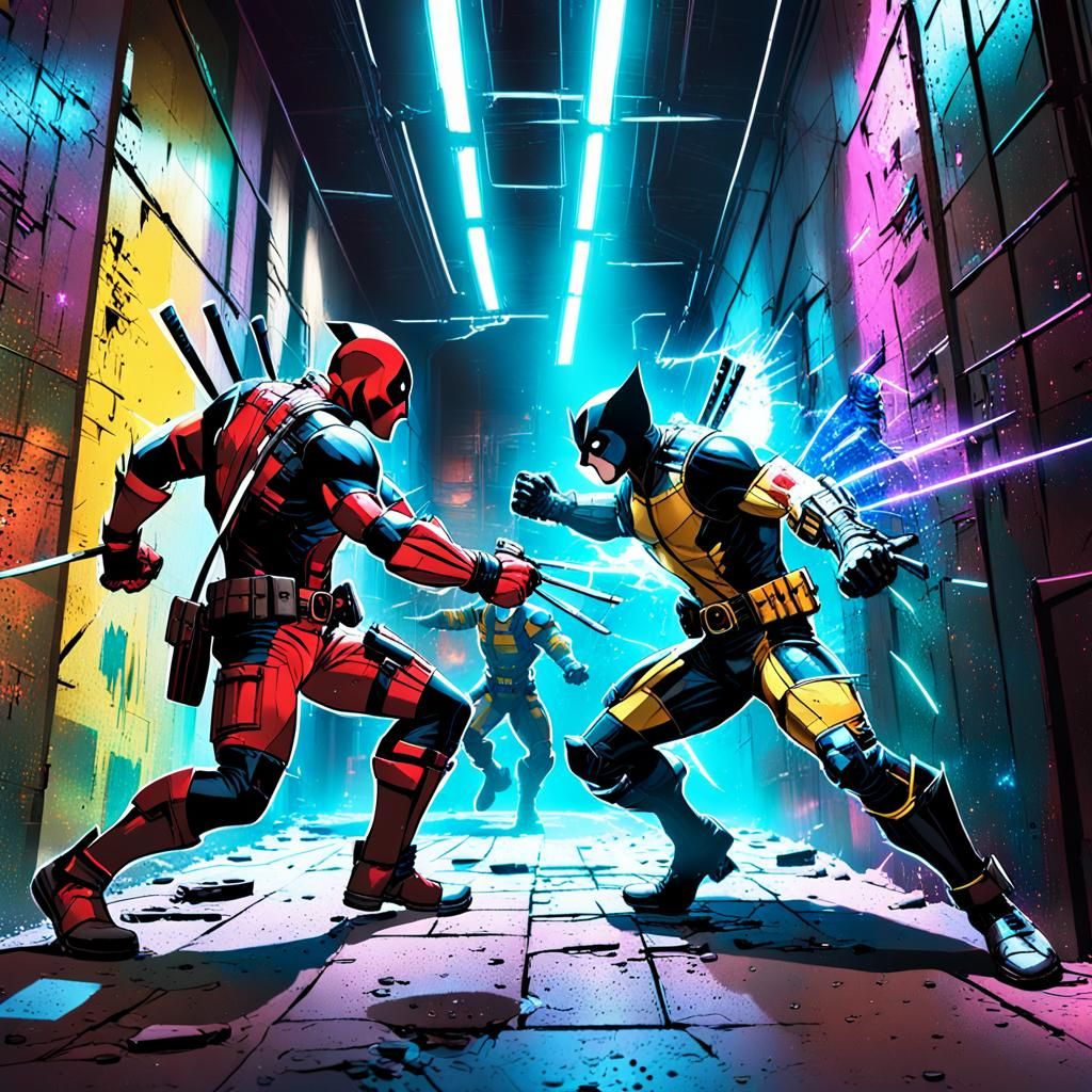 Deadpool and Wolverine Clash in Neon Space Prison