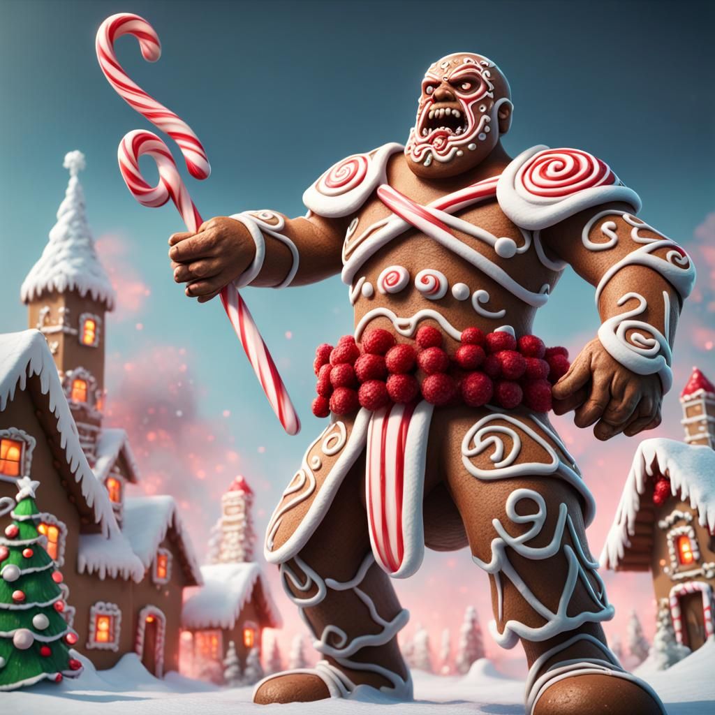 Giant Gingerbread Man Warrior with Candy Cane Sword