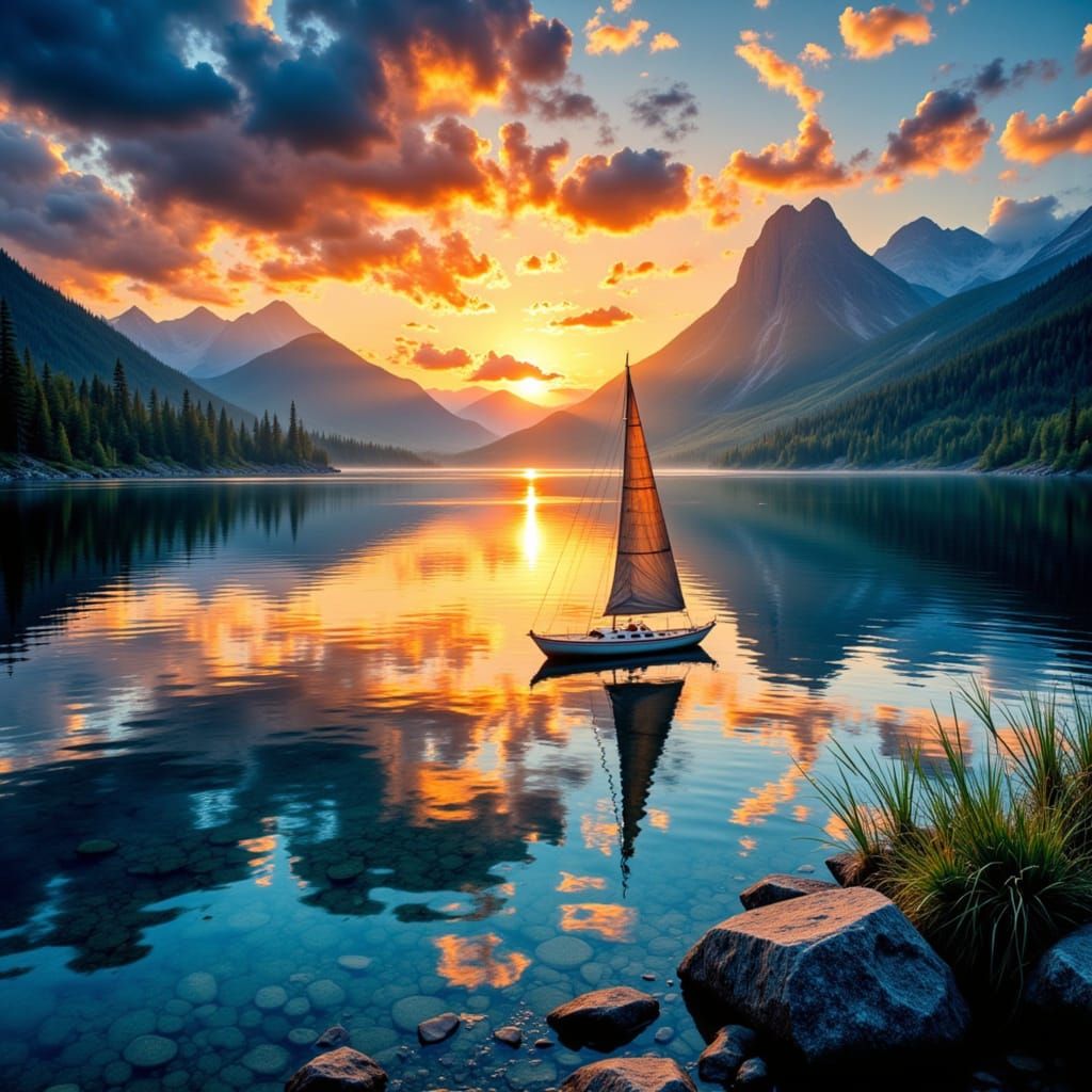 Sailboat at Sunset in a Hyper-Detailed Lake Scene