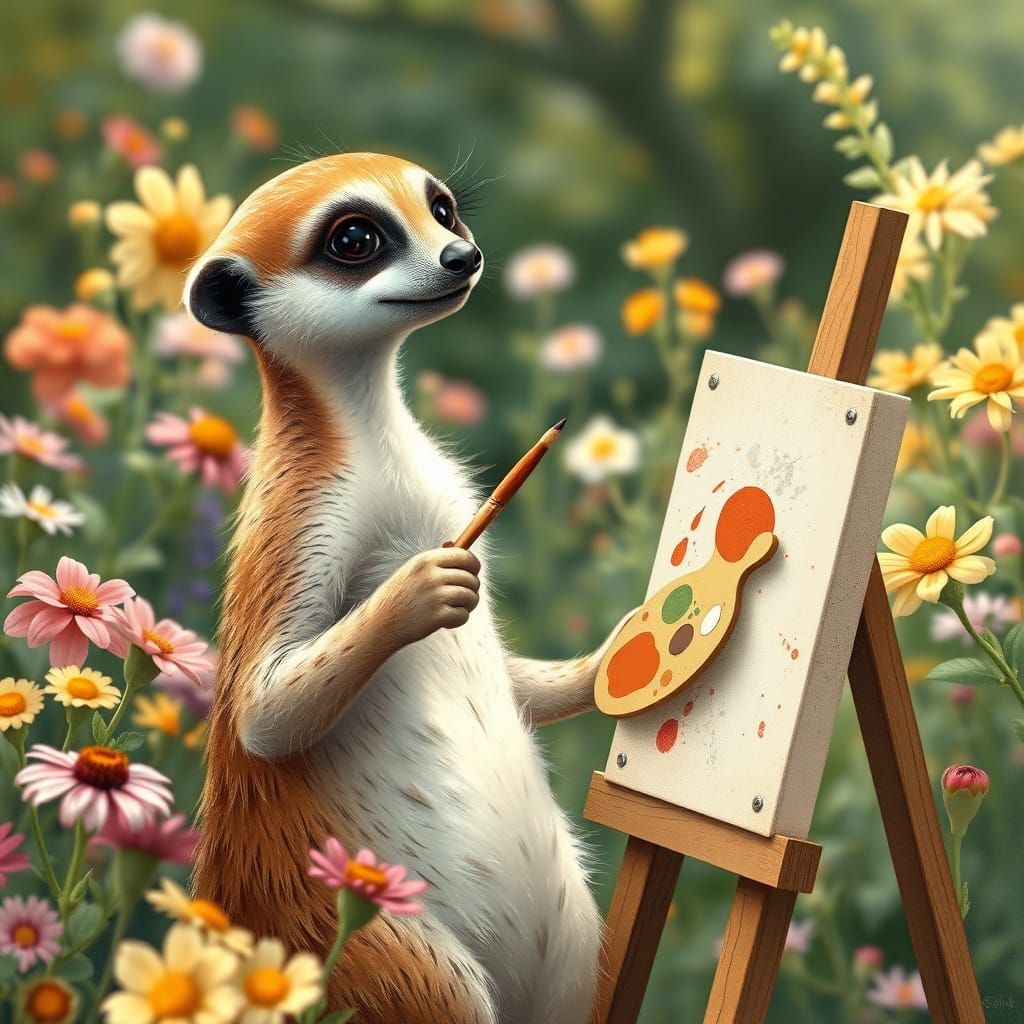Meerkat's Masterpiece: Painting in a Flower Garden