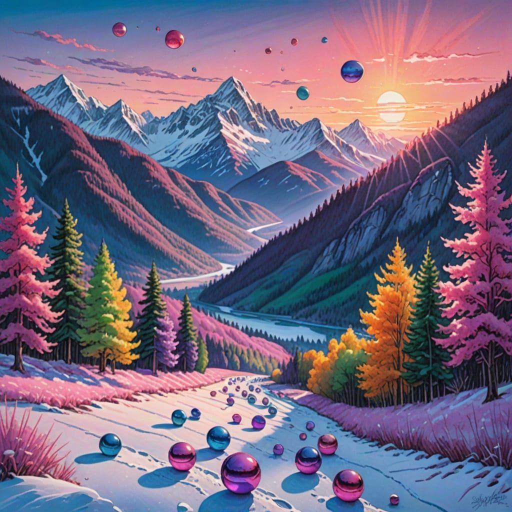 Colorful Spheres at Sunrise: A Crayon Sketch