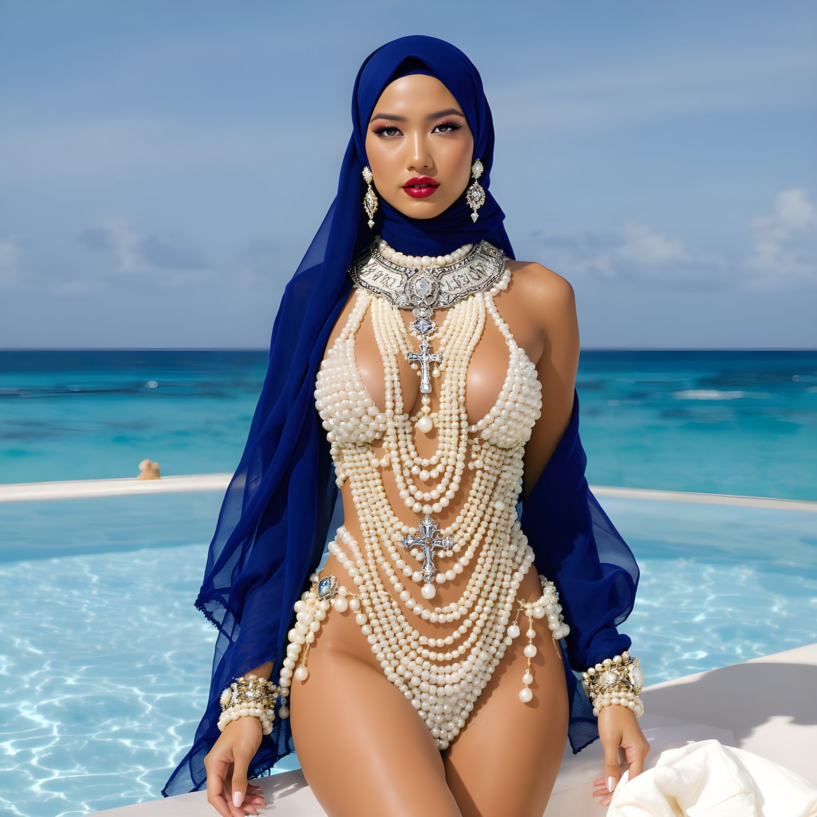 Pearl Bikini and Hijab in Alphonse Mucha Style