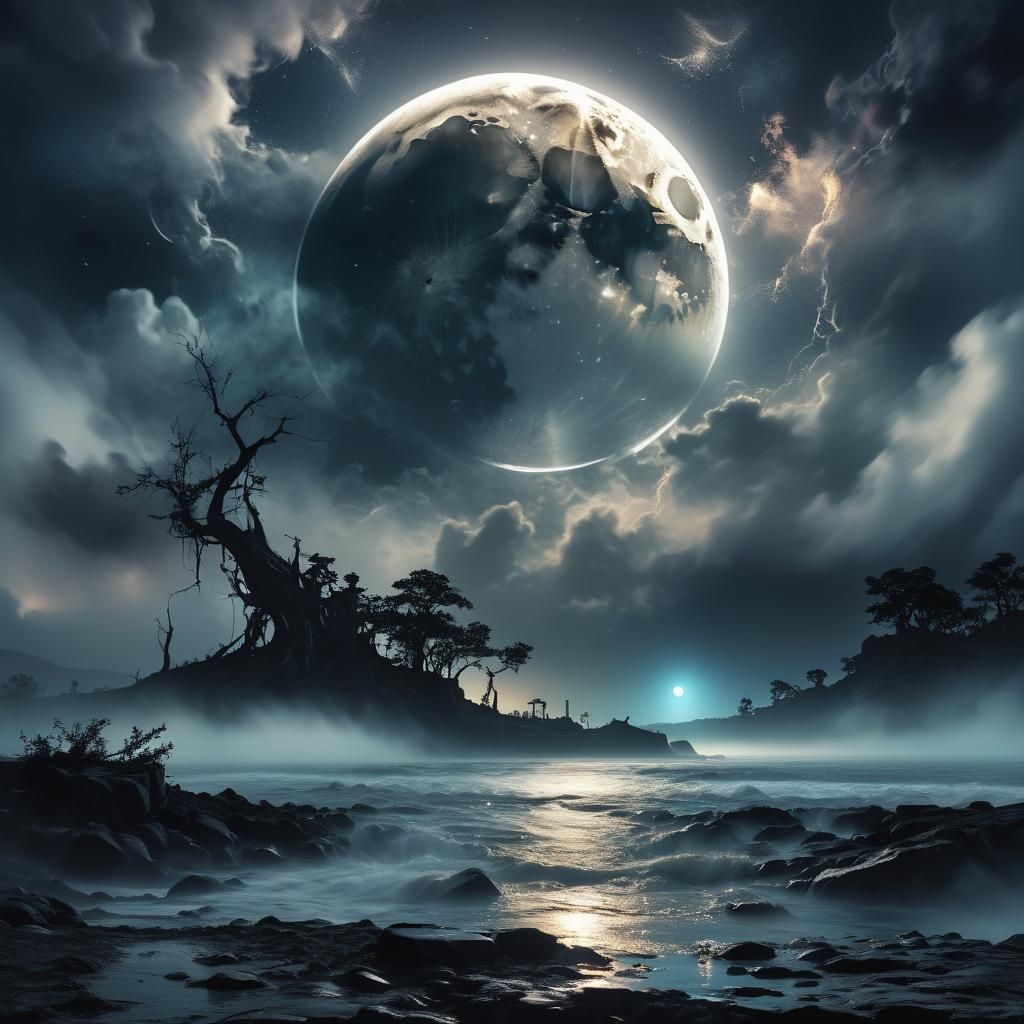 Dramatic Lunar Landscape in Ethereal Glitch Art Style